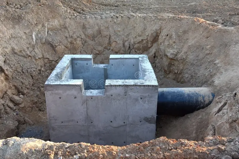 Şantiyede precast beton muayene bacası inşaatı: kazı çukuruna yerleştirilmiş dikdörtgen prefabrik beton baca elemanı ve bağlanan büyük çaplı HDPE boru
