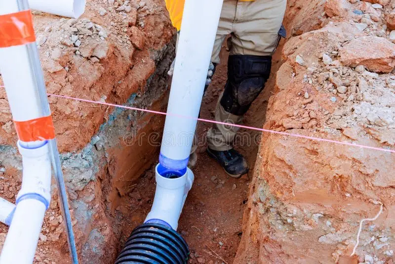 Kırmızı kil zeminde PVC ve HDPE koruge boru birleşme noktası; hendek içinde işçi tarafından boru bağlantısı yapılırken görülen detay
