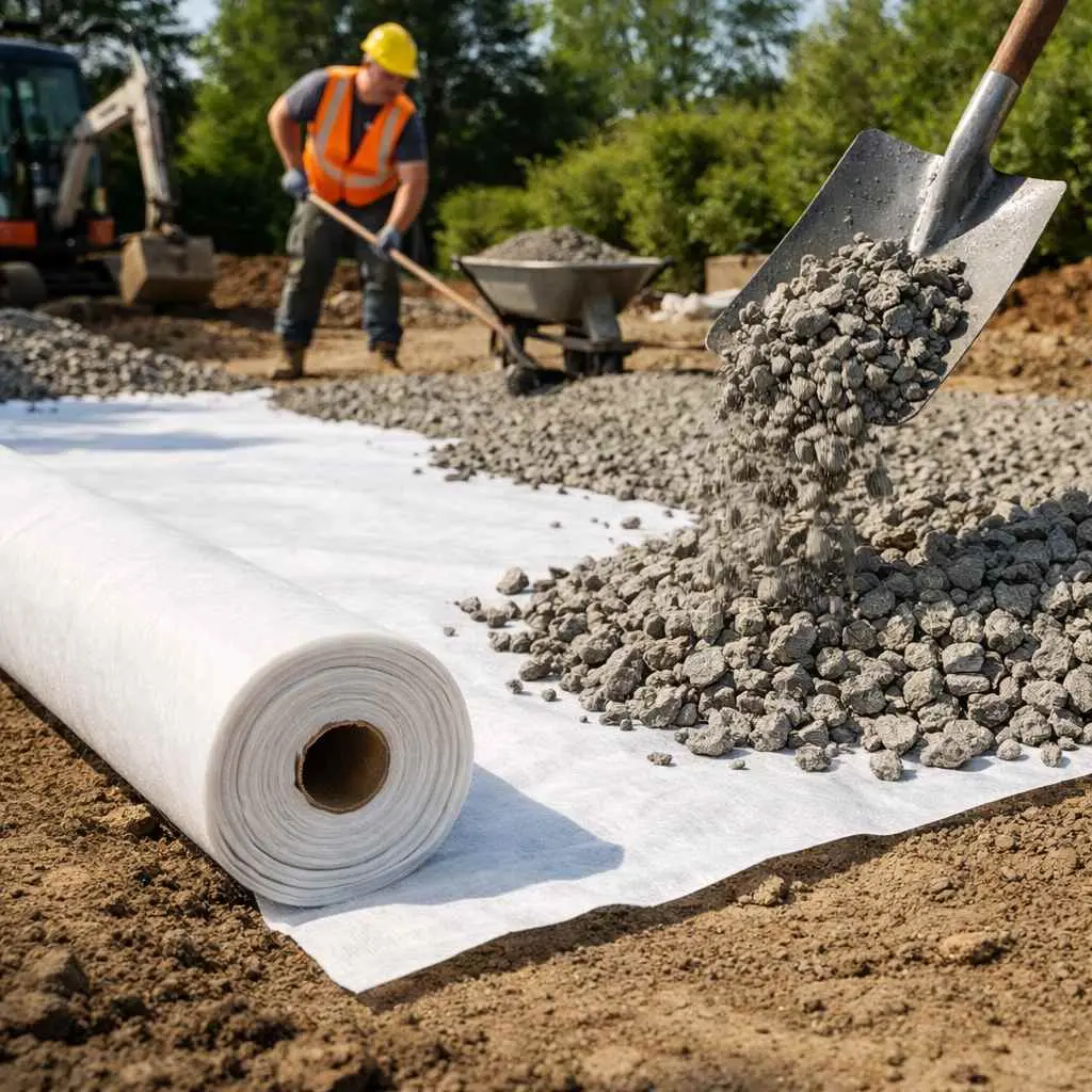Şantiyede beyaz dokunmamış geotekstil rulo açılmış, üzerine kırma çakıl agrega dökülmekte; arka planda iş makinesi ve kepçeyle çalışan işçi görünmektedir