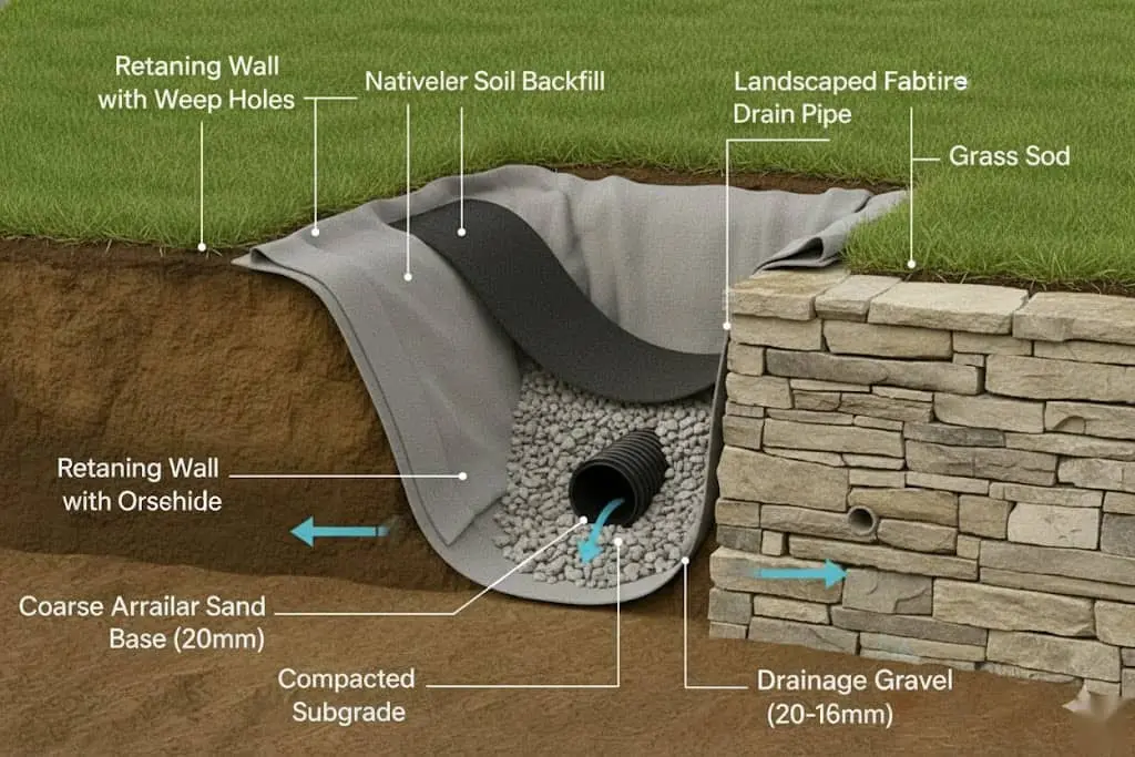 İstinat duvarı arkasındaki perdedren sistem kesiti: geotekstil sarılı delikli boru, 20 mm iri kum taban, drenaj çakılı (20-16 mm), kompakte zemin, geotekstil filtre ve yüzeyde çim örtü; istinat duvarında delikli deşarj boşlukları ve sağ tarafta alıcı kanal gösterilmiştir