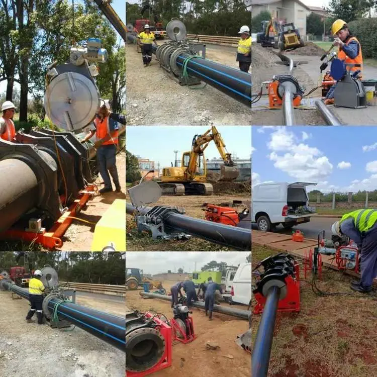 HDPE boru alın kaynağı operasyonlarını gösteren altı sahneli montaj: büyük çaplı siyah HDPE boruların kaynak makinesiyle birleştirilmesi, kaynak kafasının boruya yerleştirilmesi ve kaynak sonrası kontrol süreci görülmektedir