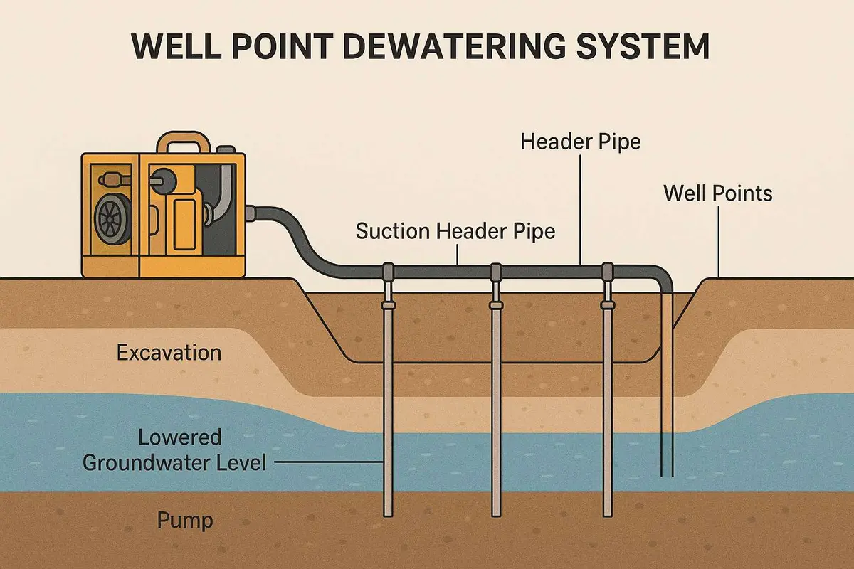 Well Point Dewatering System başlıklı renkli infografik — Header Pipe, Suction Header Pipe, Well Points, Lowered Groundwater Level, Excavation ve Pump etiketleri ile kesit diyagramı