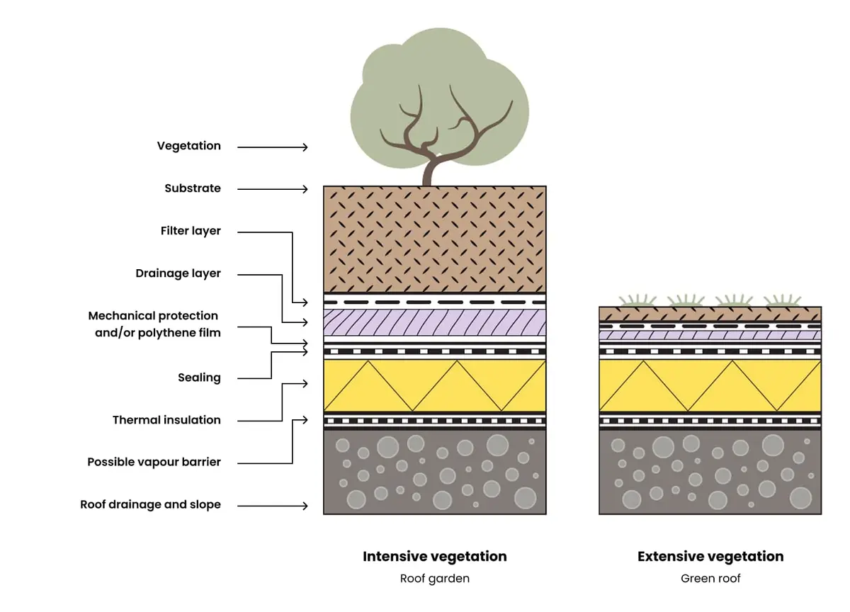 Intensif ve ekstansif yeşil çatı katman karşılaştırması — solda Intensive vegetation (roof garden): bitki, substrat, filter layer, drainage layer, mechanical protection, sealing, thermal insulation, vapour barrier ve roof drainage; sağda Extensive vegetation (green roof): daha ince katman yapısı