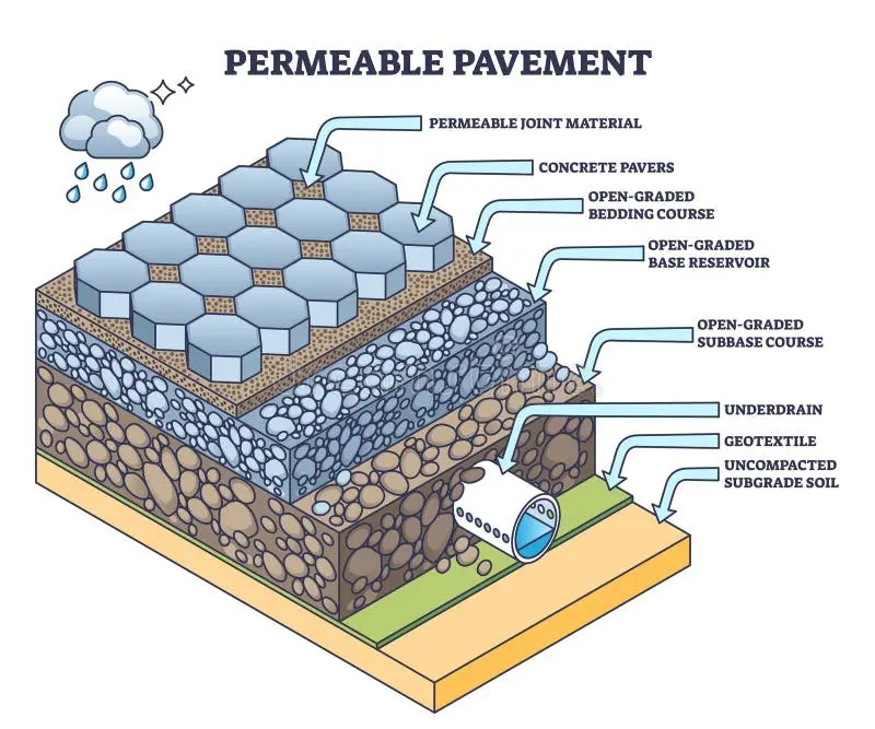 Permeable Pavement başlıklı teknik çizim — beton parke yüzeyden altzemine permeable joint material, concrete pavers, open-graded bedding course, open-graded base reservoir, open-graded subbase course, underdrain, geotextile ve uncompacted subgrade soil katmanları açıklamalı