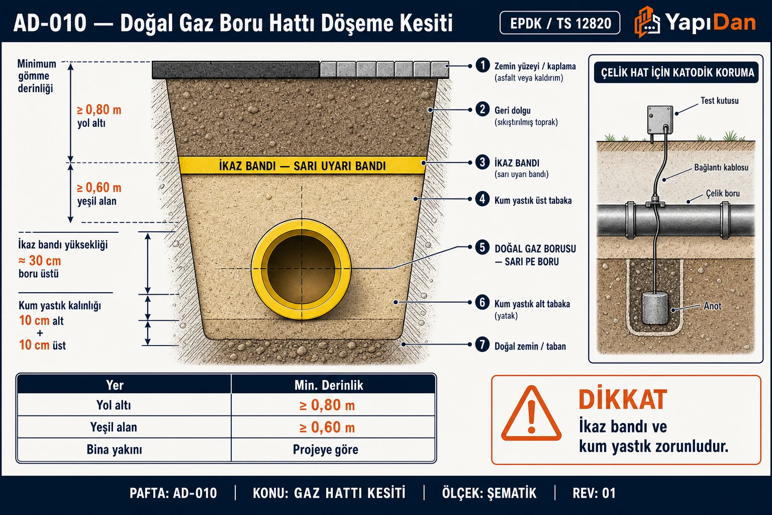 AD-010 Doğal Gaz Boru Hattı teknik kesit diyagramı — döşeme derinliği katmanları, kum yastık, ikaz bandı konumu ve güvenlik mesafesi ölçüleri