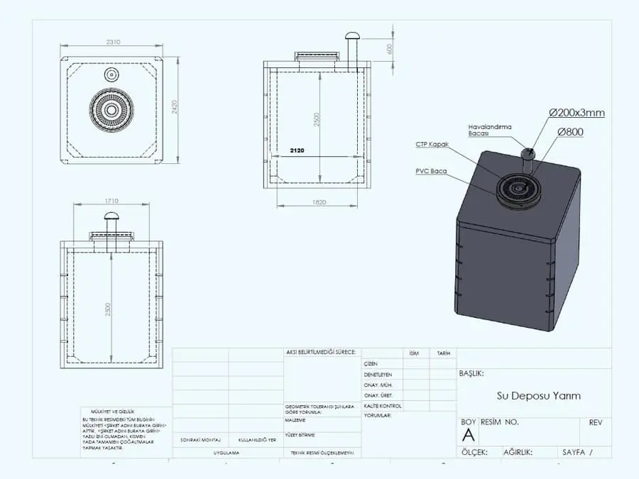 Su deposu yarım teknik çizim sayfası: plan, ön cephe ve yan cephe projeksiyonlarında ölçülü 2310×2450 mm ve 1710×2500 mm boyutlar; sağda PVC baca ve CTP kapak detayı olan 3D izometrik görünüm, Ø800 ve Ø200×3mm havalandırma bacası etiketli