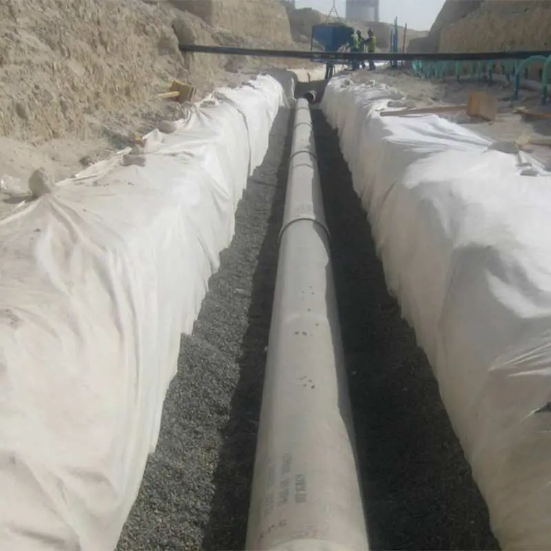 Geniş şantiye hendeğinde geotekstil filtre kurulumu: uzun drenaj hendeği boyunca beyaz dokunmamış geotekstil her iki yanda sarkmış, ortada siyah delikli boru ve granüler dolgu; arka planda işçiler