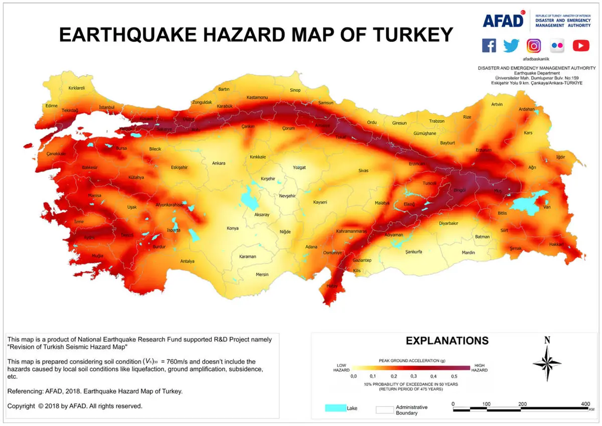 AFAD Türkiye Deprem Tehlike Haritası 2018 — peak ground acceleration renk skalası