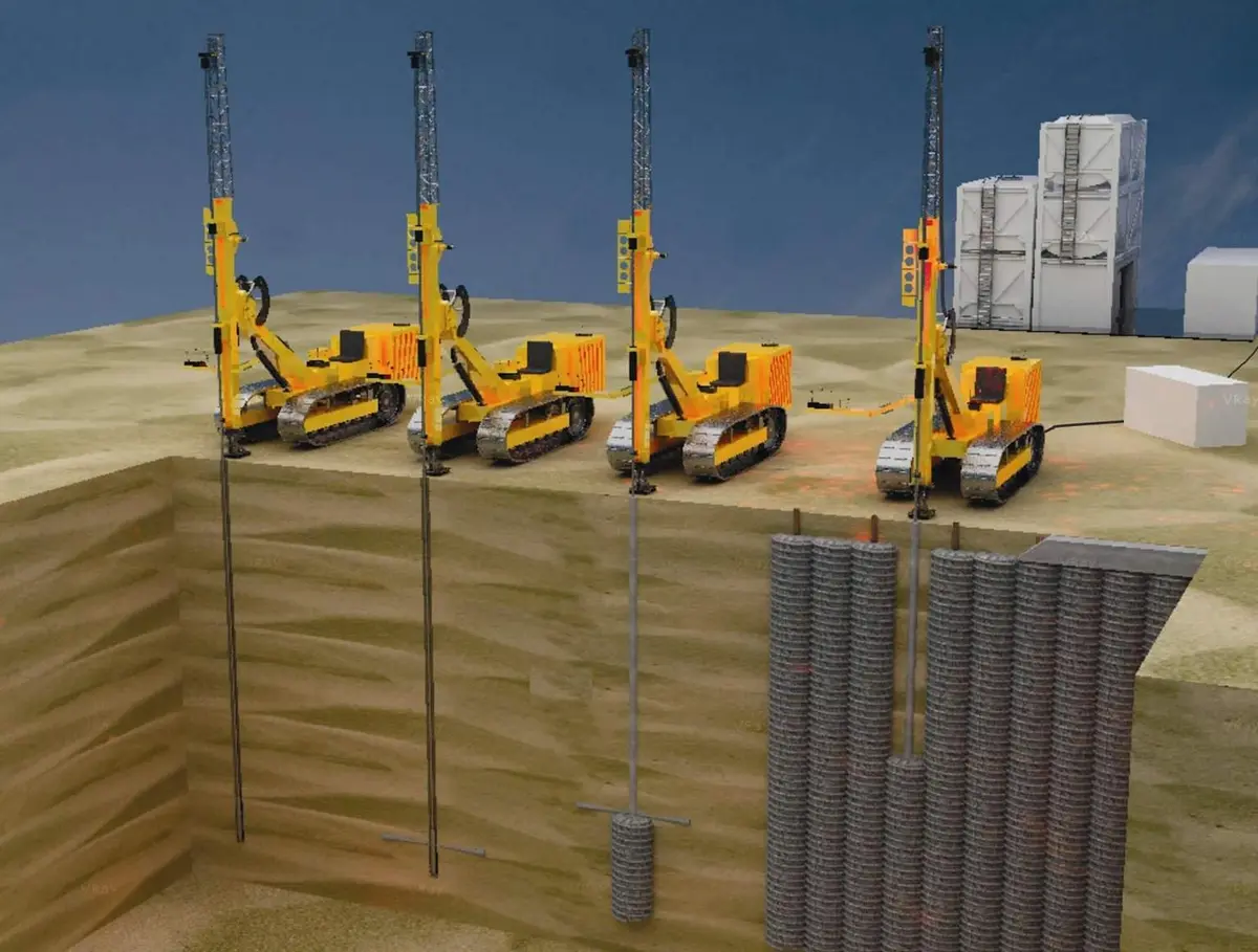 3D animasyon: Dört sondaj makinesiyle eş zamanlı kazık inşaatı ve oluşan beton kazık perdesi