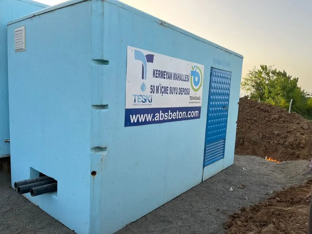 TESKİ Kermeyan Mahallesi 50 m³ prefabrik içme suyu deposu — ABS Beton Tekirdağ, açık alanda yerleştirme