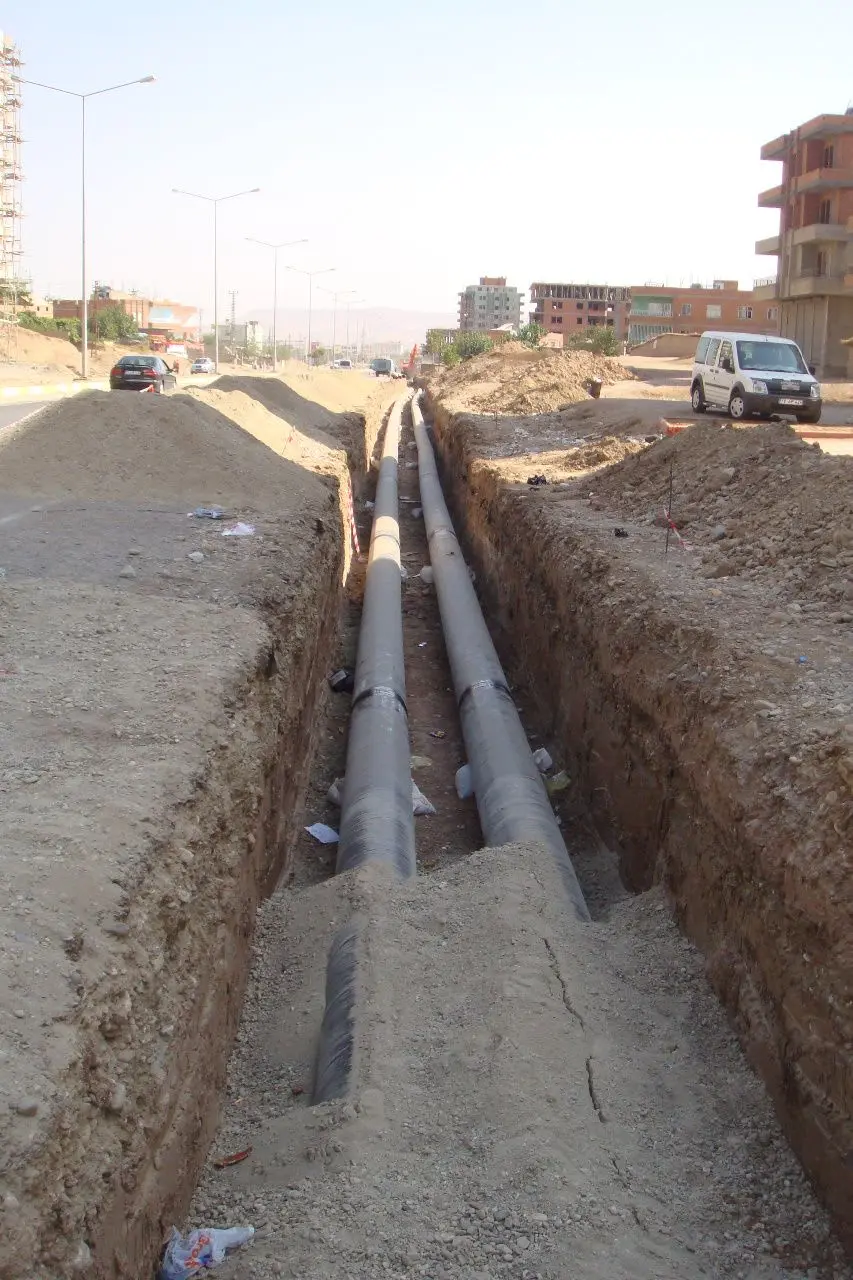Kentsel gelişme alanında iki paralel büyük çaplı su hattı döşenmiş derin hendek — cadde ekseni boyunca uzanan açık kazı