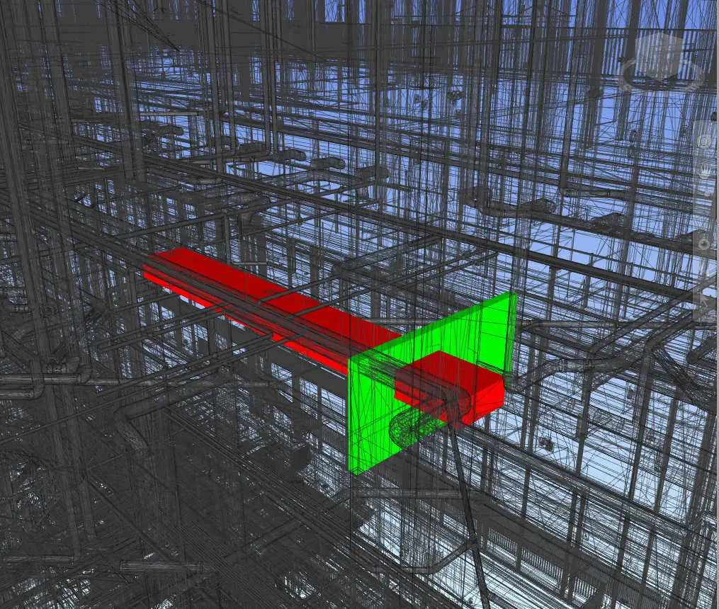 BIM yazılımında çakışma (clash) tespiti — kırmızı ve yeşil renk vurgusuyla gösterilen çatışan yapısal elemanlar 3D model