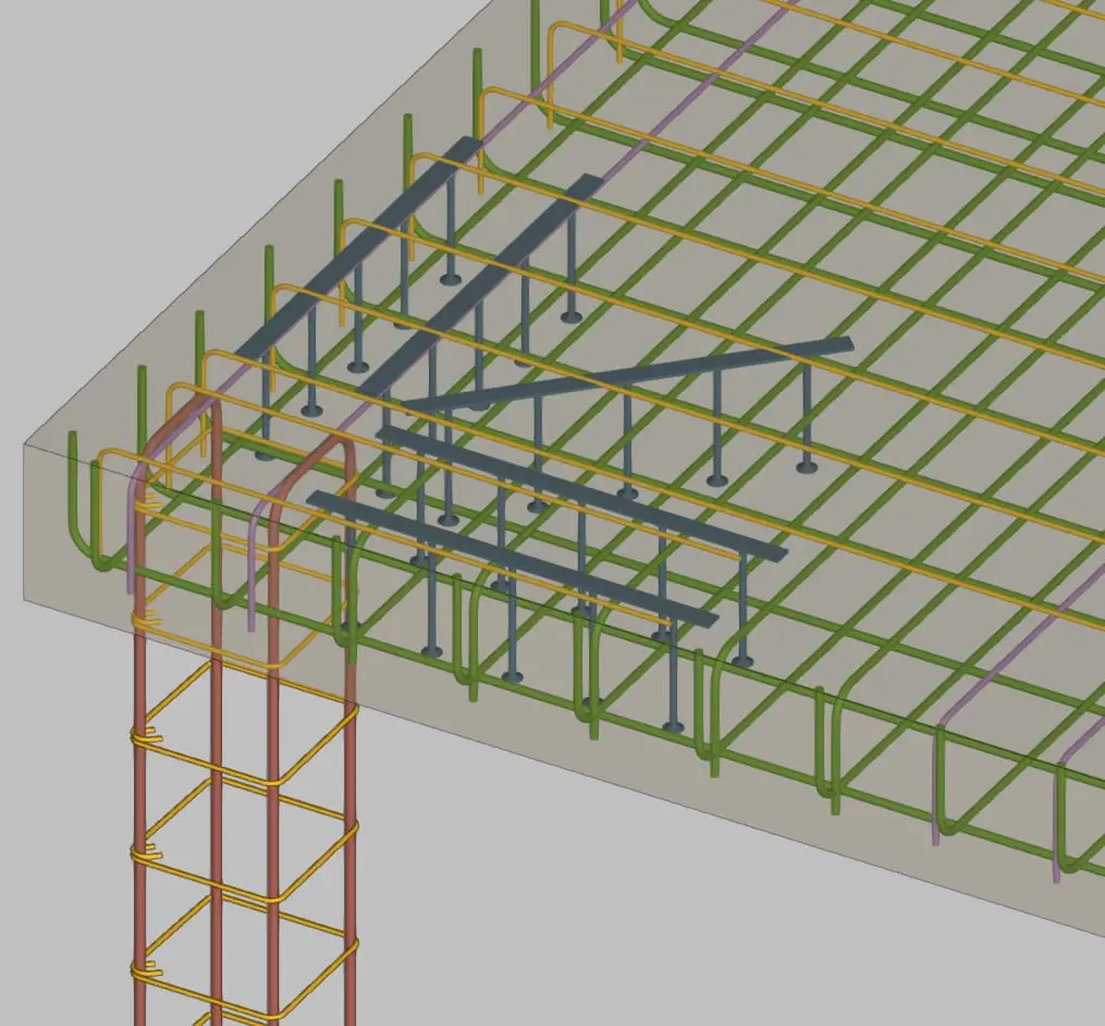 3D BIM modeli döşeme-kolon zımbalama güçlendirmesi — sarı/yeşil döşeme donatısı, gri zımbalama güçlendirme plakları, kırmızı kolon donatısı