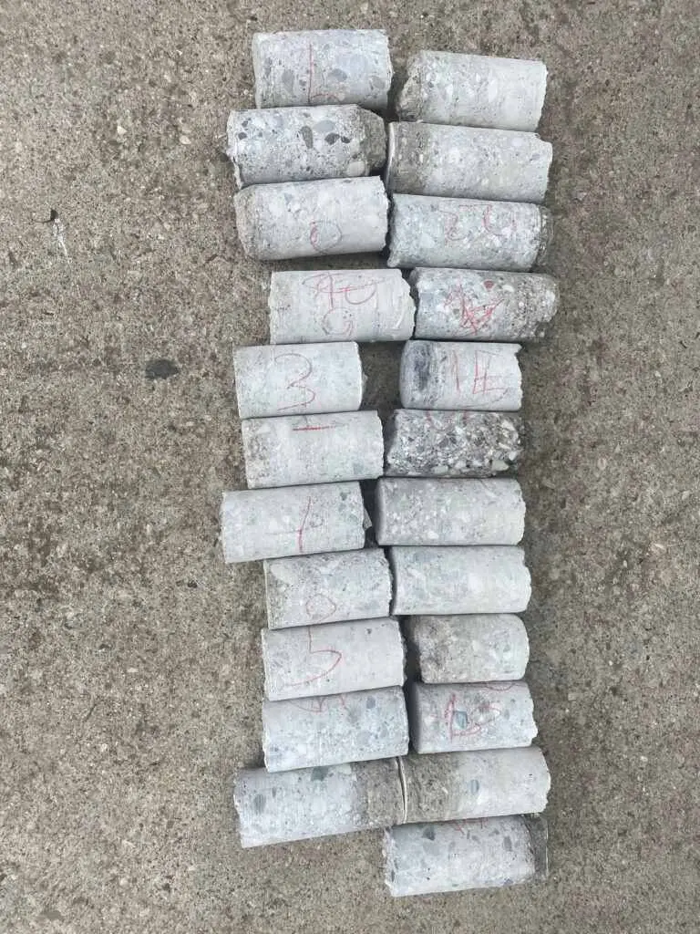 TS EN 12504-1 uyumlu numaralı beton karot örnekleri — zemin üzerinde düzenlenmiş 23 adet silindirik karot numunesi