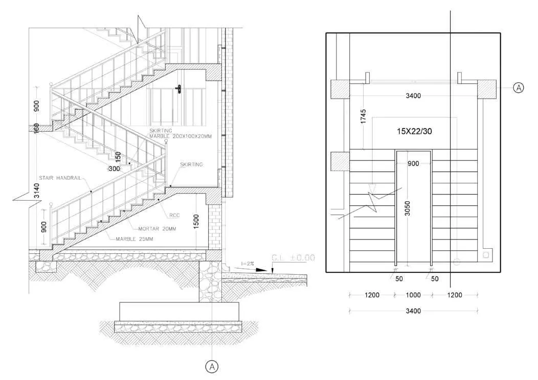 İki kollu betonarme merdiven mimari teknik çizimi: boyuna kesit görünümünde mermer 25 mm, harç 20 mm, betonarme levha, 15x22/30 boyutlu sahanlık kirişi, korkuluk ve 900 mm yüksekliği gösterilmekte; plan görünümünde 3400 mm toplam genişlik, 1200 mm merdiven kol genişlikleri ve 3050 mm kol boyu verilmektedir