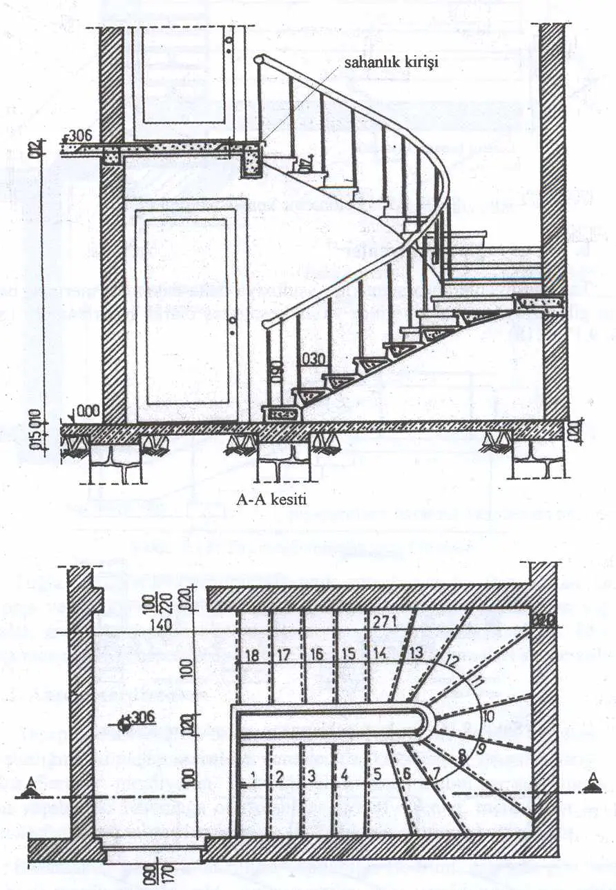 Dairesel (spiral) betonarme merdiven teknik kesit çizimi: üst görünümde A-A kesit konumu ve sahanlık kirişi gösterilmekte; alt görünümde plan şemasında basamak sayıları ve döner geometri yer almaktadır