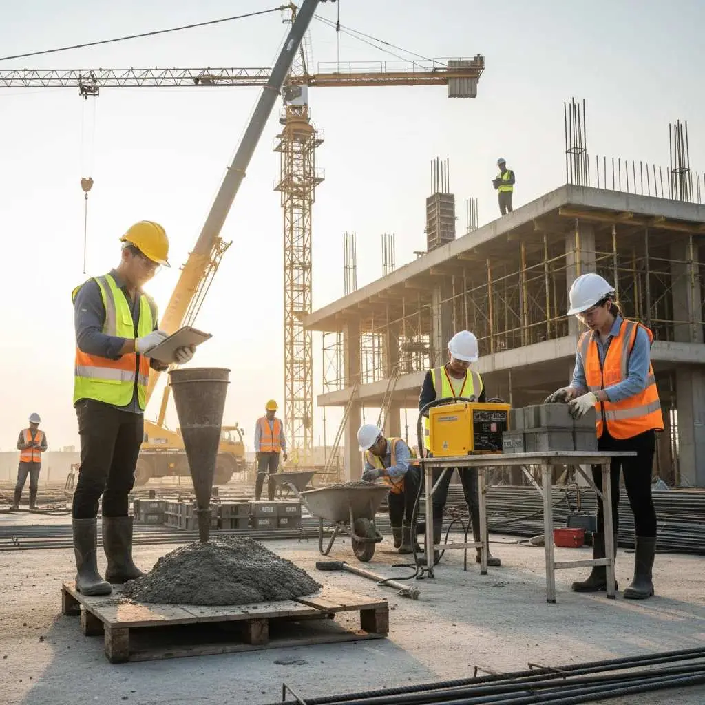 Beton dökümü şantiye sahnesi: ön planda slump konik testi yapan işçi, arkada beton döküm ağzı ile beton karıştırıcı, sağda vibratör kullanan işçi; arka planda inşaat halindeki yapı ve vinç; tüm işçiler koruyucu ekipman giymiş