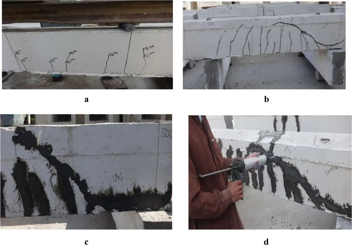 Betonarme kirişteki sehim kaynaklı çatlakların onarım sırası: (a) çatlak tespiti ve işaretleme, (b) çatlak derinliği boyunca kesme işlemi, (c) polimer modifiyeli harç dolgusu, (d) yüzey tamamlama ve sızdırmazlık