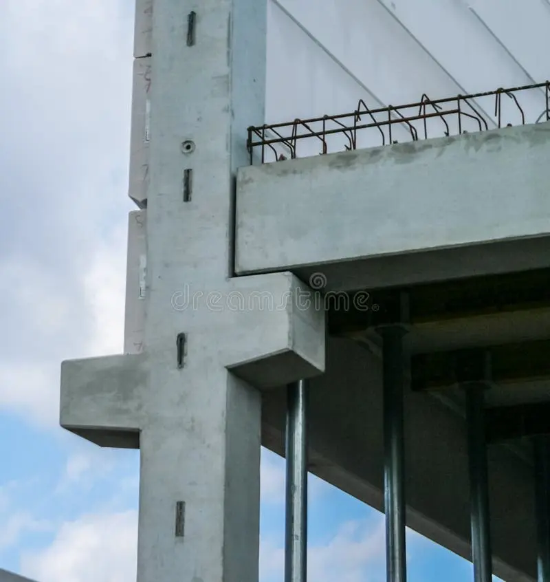 İnşaat halindeki prefabrik betonarme binada kolon-konsol birleşimi saha fotoğrafı: iki köşe konsolda yüklü kirişler oturmakta, üstte nervürlü donatı çıkıntıları ve kolon yüzeyinde düzgün beton kaplama görünmekte