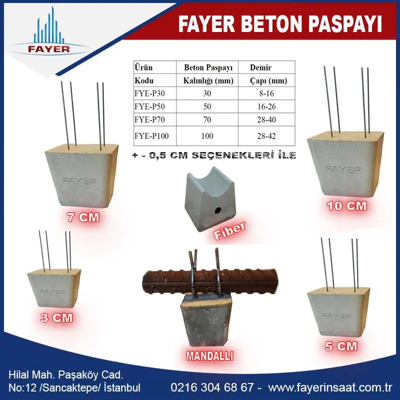 Fayer marka beton pas payı distansırları; 3, 5, 7 ve 10 cm yüksekliğinde beton blok tipinde, donatı çubukları yerleştirilebilen ayaklar ve fiber tip seçenekleriyle üretilmiş çeşitli ürünler