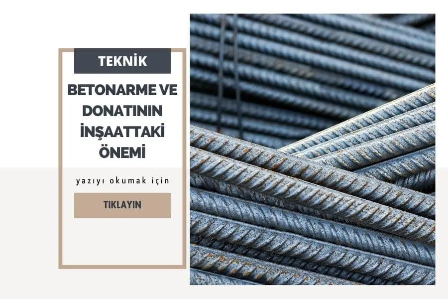Nervürlü çelik çubuklar yakından görünüm; yüzeyde boyuna ve enine nervürler belirgin, çubukların yüzeyinde metalik mavi-gri renk, arka planda 'Betonarme ve Donatının İnşaattaki Önemi' yazılı infografik
