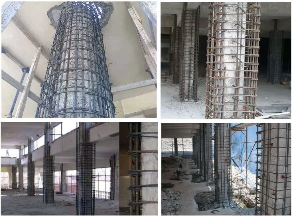 Betonarme kolon donatı iskeletleri: dört farklı açıdan yuvarlak ve dikdörtgen kolon etriye kafesleri, inşaat aşaması