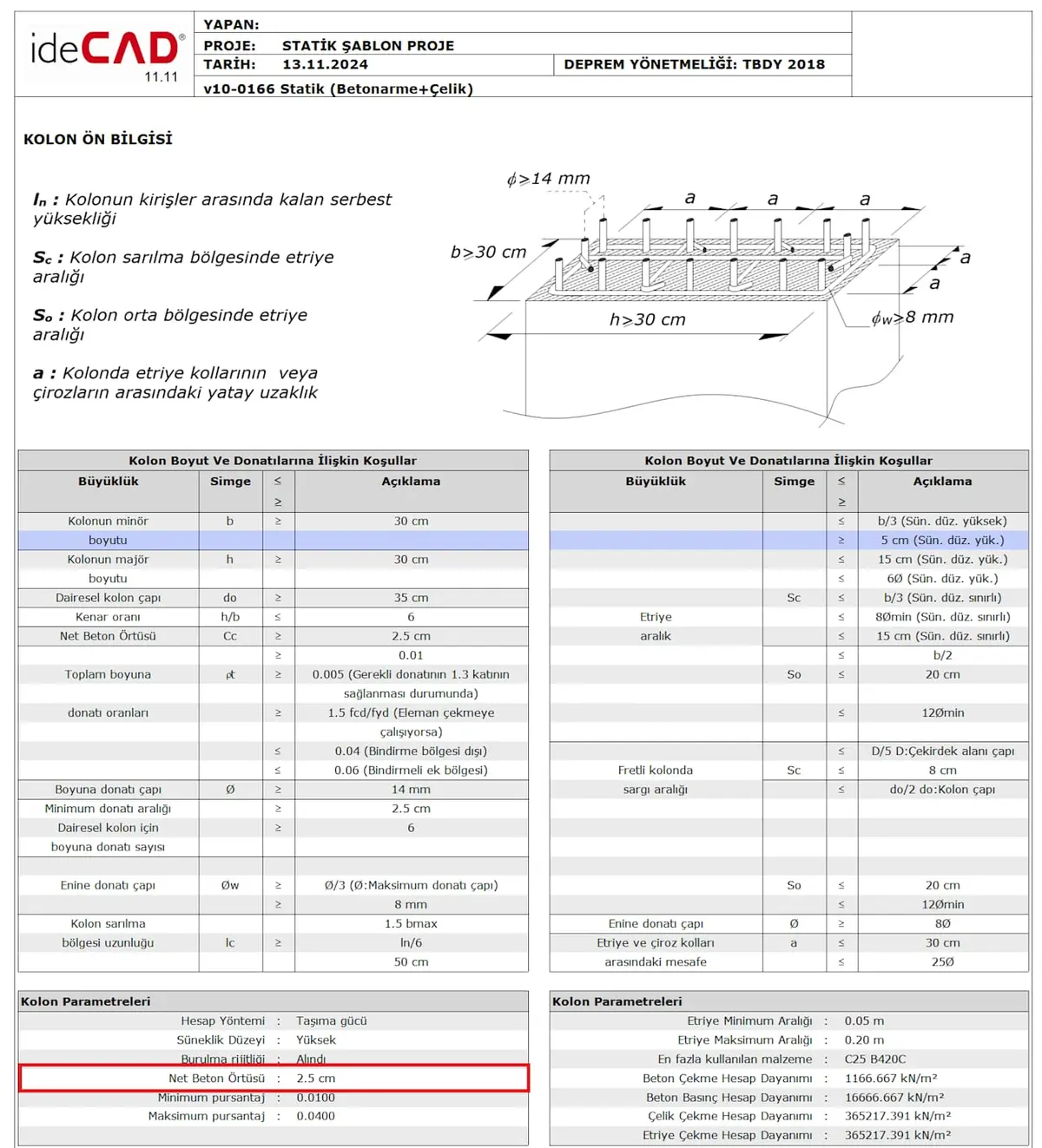 ideCAD statik kolon ön boyutlandırma ekran görüntüsü: kolon boyutu, donatı oranı, beton ve çelik sınıfı parametreleri, TBDY 2018 minimum sınır kontrolleri