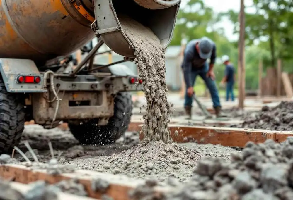 Şantiyede beton dökümü: hazır beton kamyon mikserinden kalıba beton akışı, arka planda işçiler yayma ve konsolidasyon işlemi yapıyor
