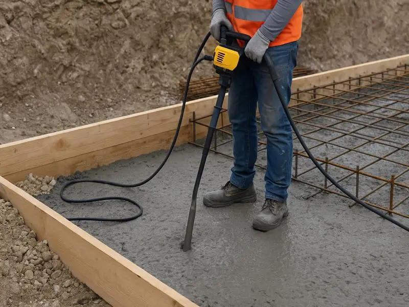 Beton dökümünde daldırma vibratörü uygulaması — vibratörün taze betona doğru açıyla ve doğru aralıkta uygulanması