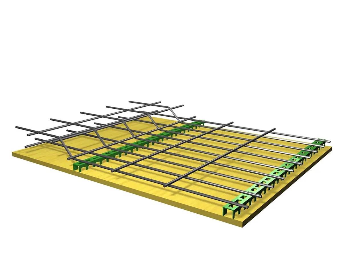 Çift yönlü betonarme döşemede her iki doğrultuda düzenlenen donatı ağı — 3D perspektif render, yeşil plastik paspayı takozları üzerinde çapraz donatı katmanları