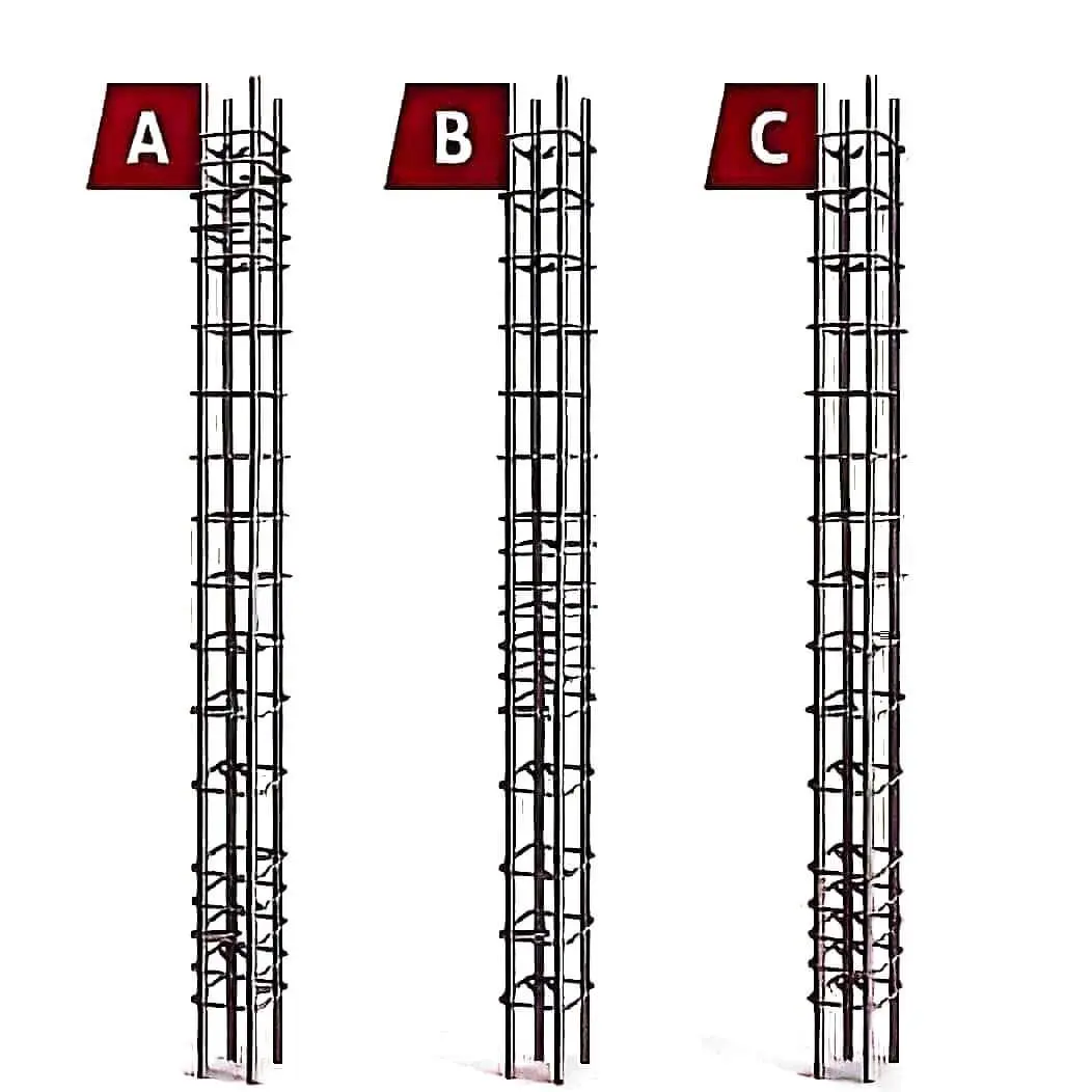 Üç farklı betonarme kolon donatı konfigürasyonu (A, B, C) — farklı boyuna donatı düzeni ve etriye aralıkları