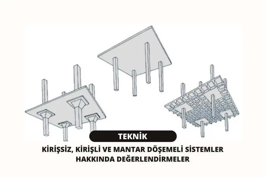 Üç farklı döşeme sistemi karşılaştırması: mantar döşeme (başlıklı, kolon başlığıyla), düz plak (kirişsiz başlıksız) ve kaset döşeme (waffle) sistemleri
