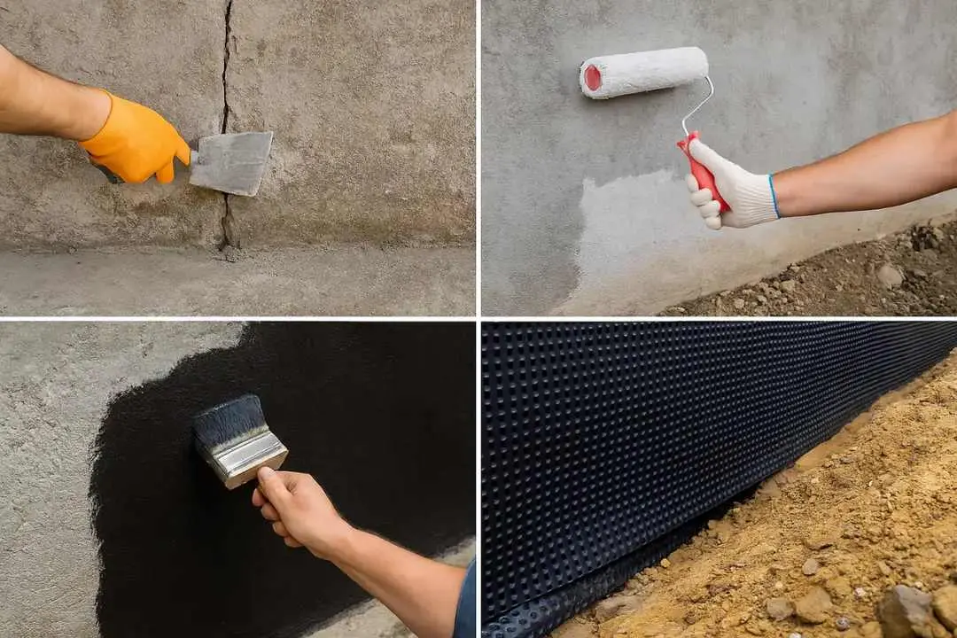 Bodrum perde su yalıtımı uygulamaları dört fotoğraf: çatlak tamiri spatula ile, pürüzsüz yüzeye roller uygulaması, bitüm sürme fırça ile, HDPE kabartmalı dimple membran