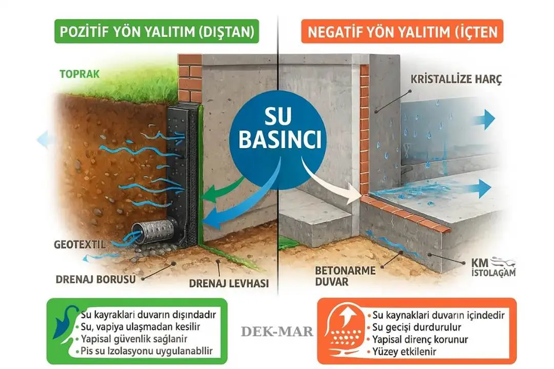Bodrum duvarda pozitif yön yalıtım (dıştan) ile negatif yön yalıtım (içten) karşılaştırması: dıştan yalıtımda geotekstil, drenaj borusu ve drenaj levhası; içten yalıtımda kristalize harç ve KM istolagam