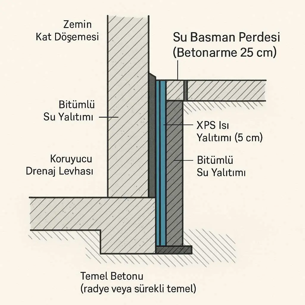 Bodrum perde detay kesit şeması: zemin kat döşemesi, bitümlü su yalıtımı, Su Basman Perdesi (betonarme 25 cm), XPS ısı yalıtımı (5 cm), koruyucu drenaj levhası ve temel betonu (radye veya sürekli temel)