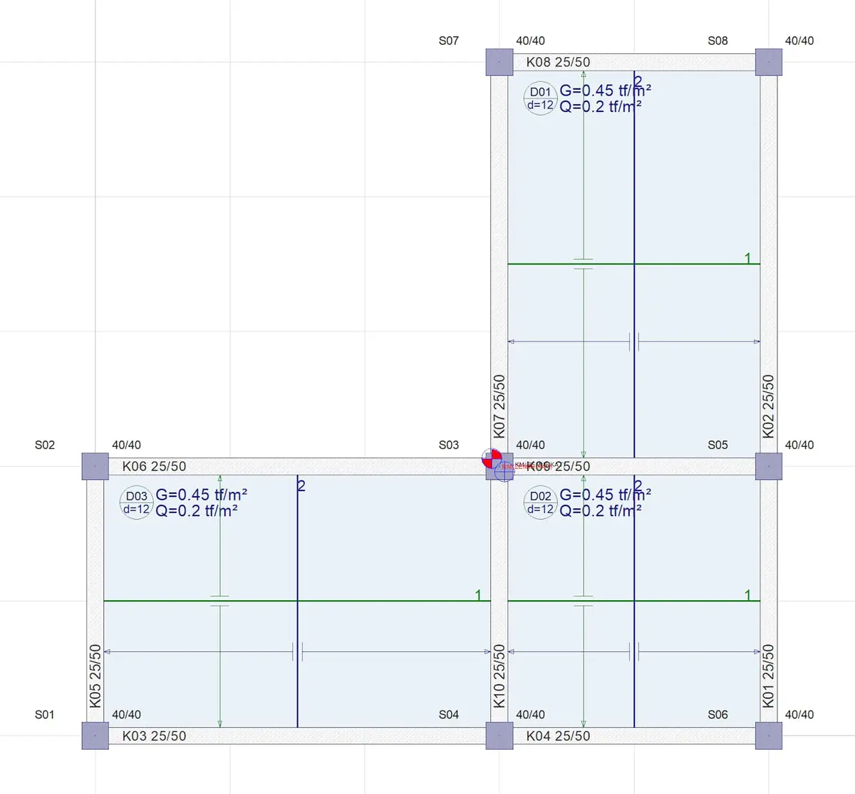 ideCAD yapı bilgi modeli ekranı: L şeklinde döşeme planı, kolonlar (K01–K10 25/50), kirişler (S01–S08 40/40) ve döşemeler (D01–D03 d=12) ile yük değerleri (G=0.45 tf/m², Q=0.2 tf/m²) gösterilmiş