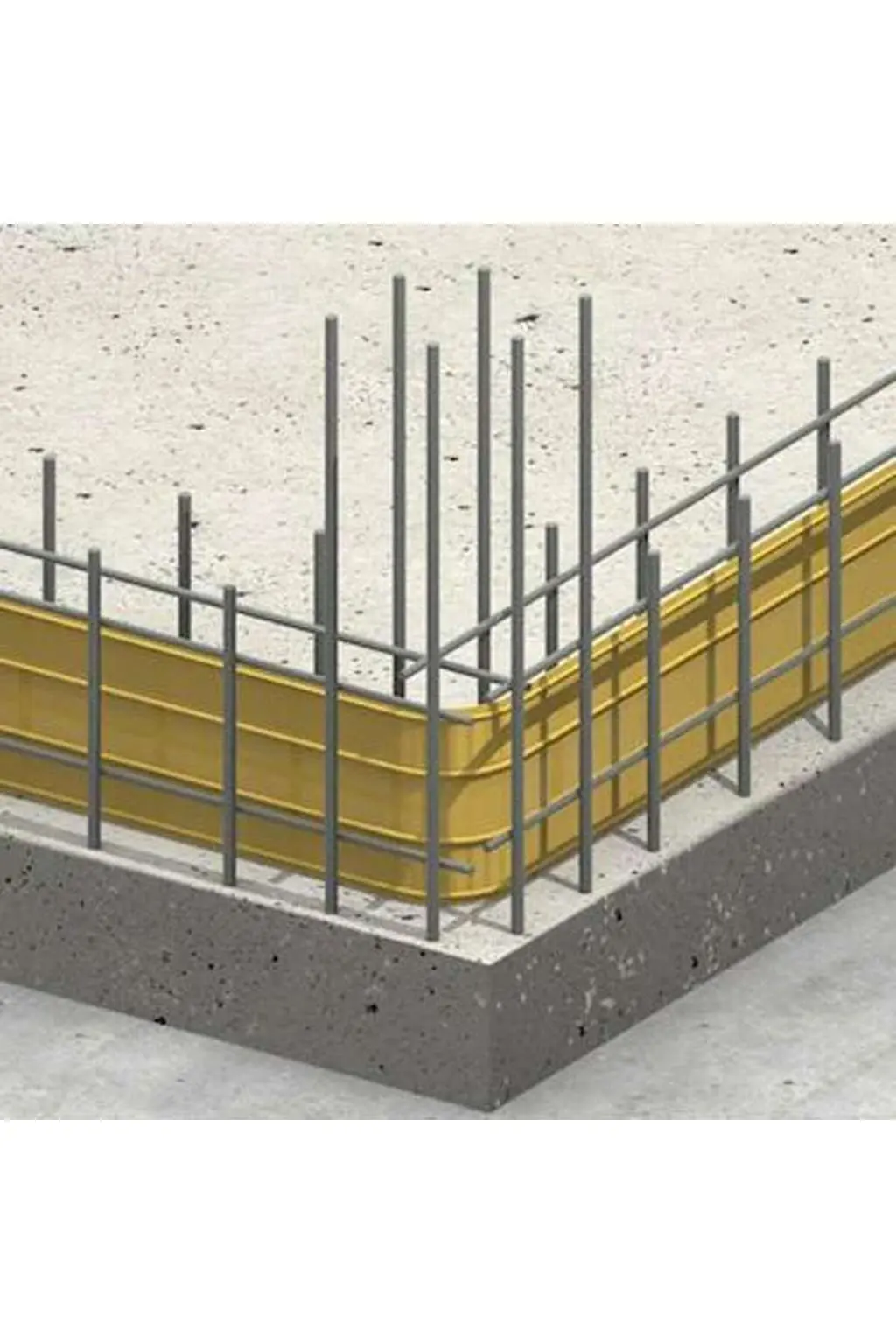 Betonarme taban-duvar birleşim bölgesi 3D render: sarı kalıp sistemine montajlı dikey başlangıç çubukları, taban yüzeyi ve köşe birleşim detayı
