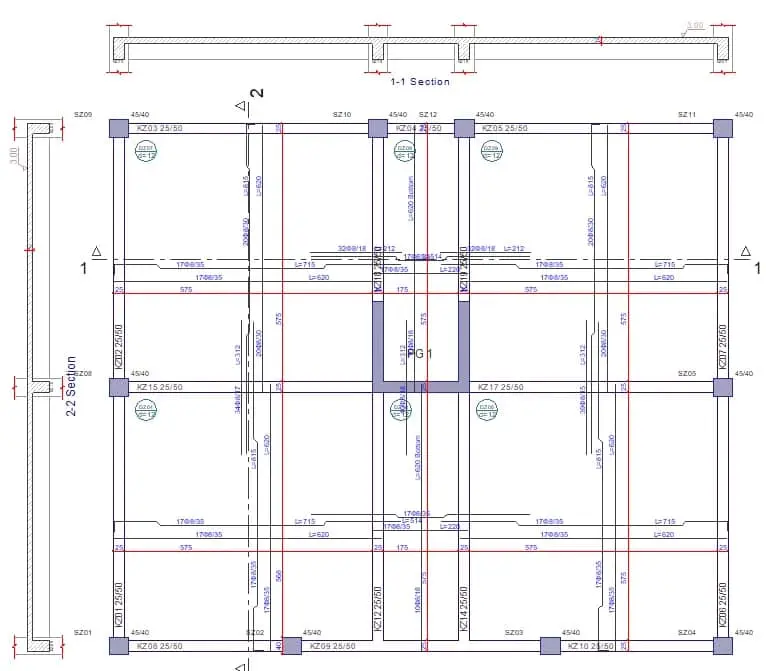 Kat bazlı kolon donatı açılımı CAD çizimi — solda düşey kiriş kesit çizgisi üzerinde 2-Alt, 1-Üst, 1-Alt, Z-Üst gibi katman etiketleri, sağda her katta 40/50 kolon kesiti, boyuna donatı çubukları ve etriye şemaları