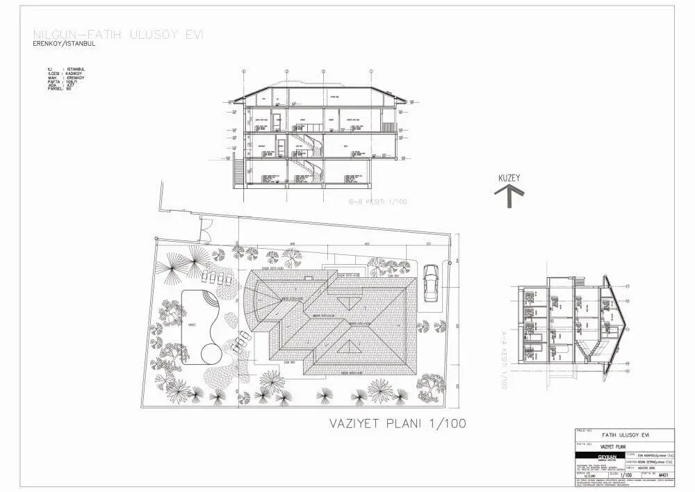 Erenköy/İstanbul'da Nilgün-Fatih Ulusoy Evi için hazırlanmış 1:100 ölçekli vaziyet planı — bina oturumu, parsel sınırları, B-B ve A-A kesit çizgileri görünür