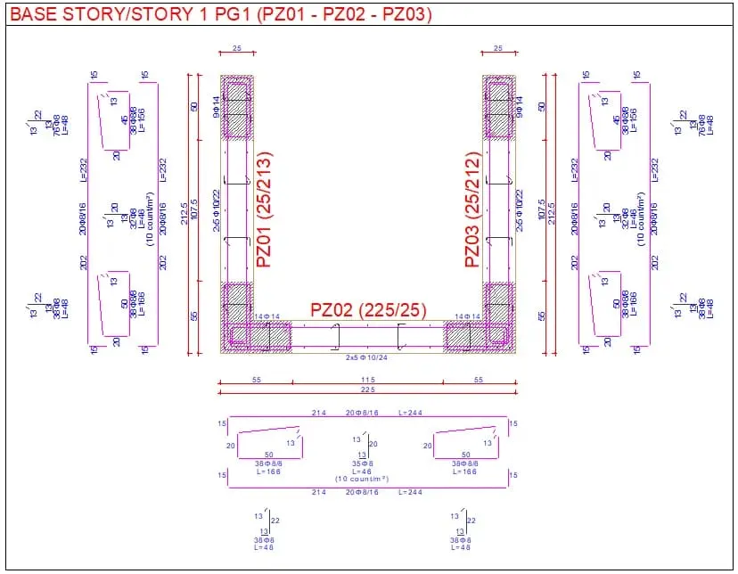 CAD kolon yerleşim planı: PZ01 (25/213), PZ02 (225/25) ve PZ03 (25/212) etiketli üç kolon ve temeller; kırmızı ve mor renk kodlamasıyla donatı pozisyonları, L=232, L=156 vb. boy notasyonları, 2×5 Ø10/24 etriye notu