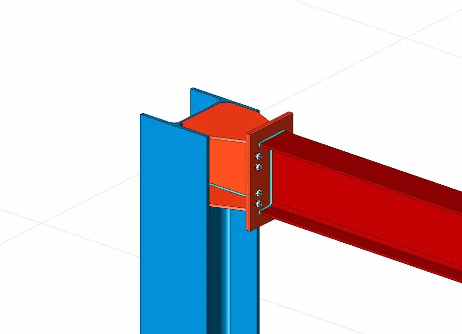 Mavi renkli HEB kolon ile kırmızı renkli IPE kirişin alın plakası ve dört bulon grubuyla oluşturulan moment aktaran birleşiminin üç boyutlu modeli
