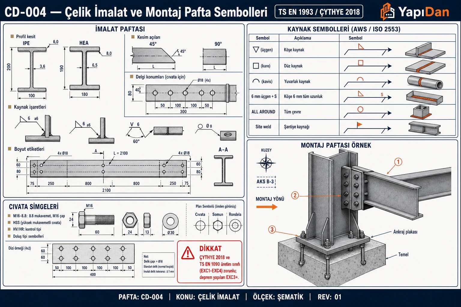 CD-004 Çelik imalat ve montaj pafta sembolleri — imalat paftası, kaynak sembolleri (AWS/ISO 2553), cıvata simgeleri, montaj paftası (TS EN 1993 / ÇYTHYE 2018)