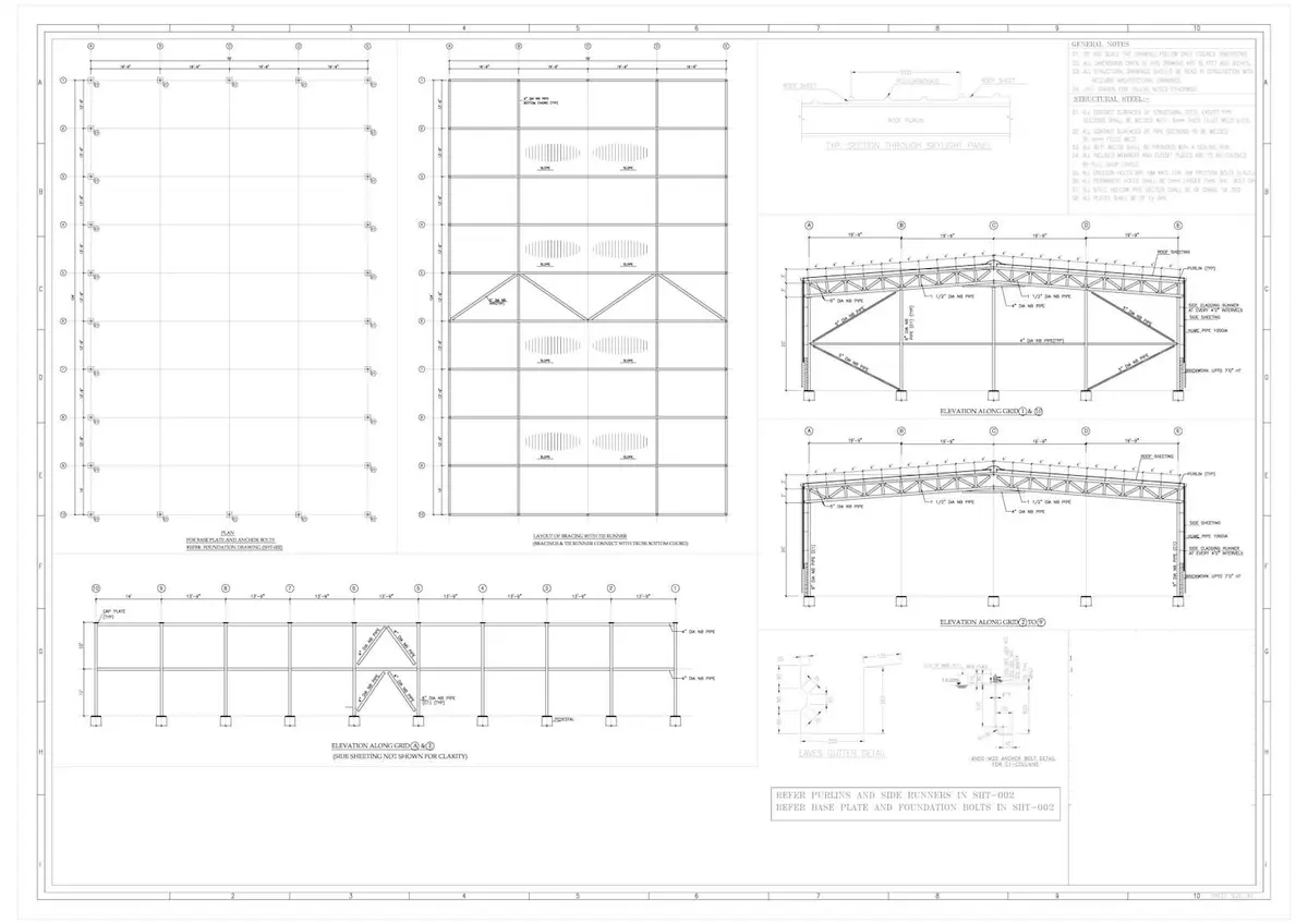 AutoCAD'de çizilmiş çelik sanayi yapısı A1 format paftası: plan, cephe görünüşleri ve kolon tabanı detayı bir arada, antet sağ alt köşede