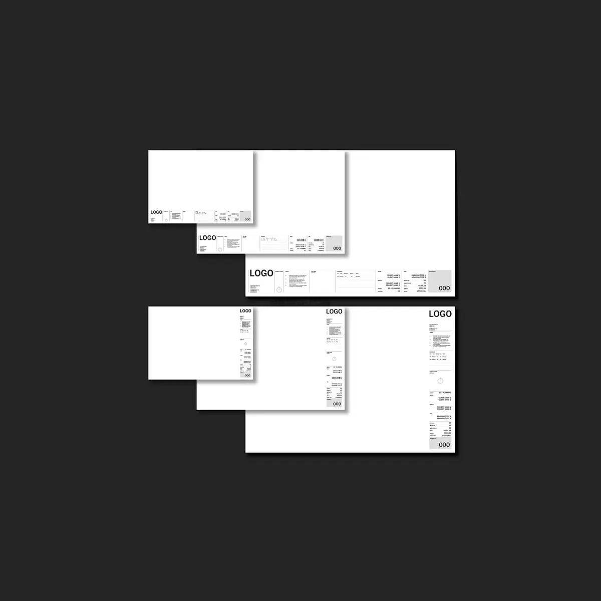 Farklı kağıt boyutları için hazırlanmış AutoCAD antet blok şablonları: A0, A1, A2, A3 ve A4 formatlarında logo, proje adı, pafta numarası ve revizyon sütunları
