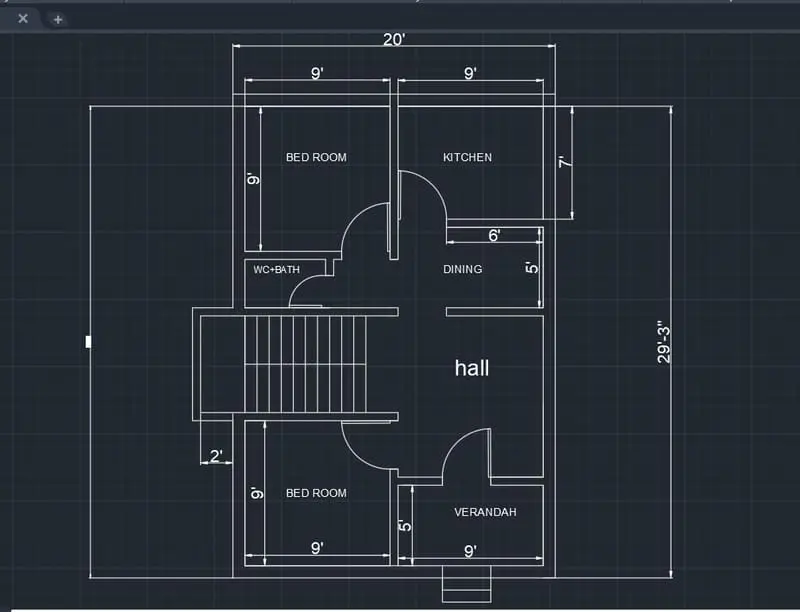 AutoCAD arayüzünde ölçülendirme komutlarıyla çizilmiş tek katlı konut kat planı; yatak odası, mutfak, hol ve verandanın boyut zinciri ile gösterimi