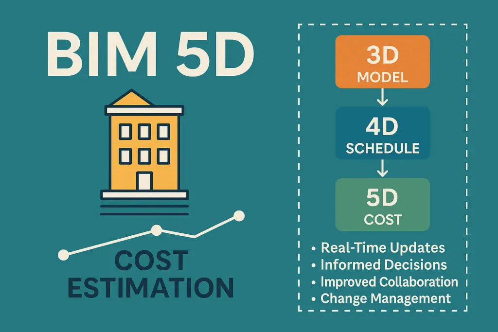 5D BIM infografiği: solda bir bina görseli ve maliyet grafiği, sağda 3D Model, 4D Schedule ve 5D Cost aşamaları; gerçek zamanlı güncelleme ve iş birliği avantajları