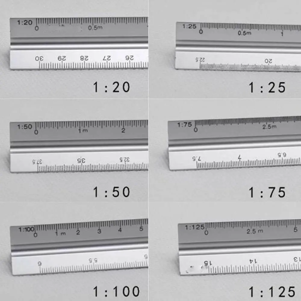 Altı farklı ölçek çubuğu yakın çekimi: 1:20, 1:25, 1:50, 1:75, 1:100 ve 1:125 ölçek etiketli alüminyum ölçek cetvelinin her tarafını gösteren karşılaştırmalı fotoğraf