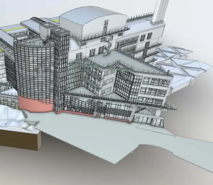 Büyük ölçekli karma kullanımlı yapı kompleksinin Revit BIM modeli: ön planda yuvarlak kule, arkada fabrika bacalı sanayi binası, çeşitli yüksekliklerdeki ofis ve ticari kitleler; perde duvarlar ve cam cepheler gri tonlarda modellenmiş