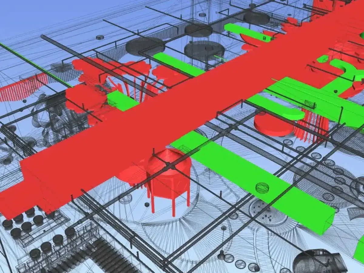Çok disiplinli BIM model çakışma analizi (clash detection): yapısal (gri) model üzerinde MEP boruları ve kanalları kırmızı (hard clash) ve yeşil (koordineli) renkleriyle işaretlenmiş navisworks/Solibri clash görünümü