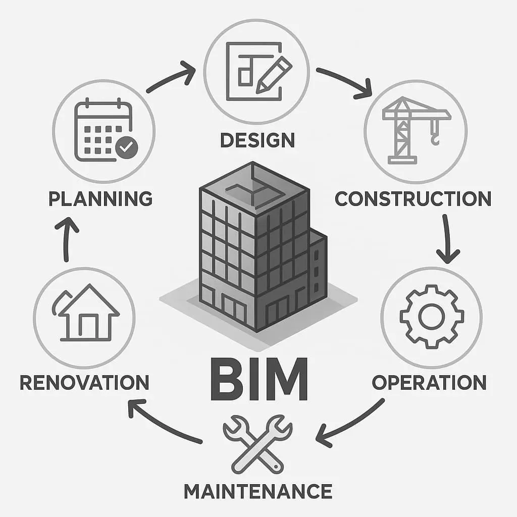 BIM yaşam döngüsü dairesel akış diyagramı: merkezdeki 3B bina modeli çevresinde Planning (takvim ikon), Design (çizim kalemi), Construction (vinç), Operation (dişli), Maintenance (anahtar-tornavida), Renovation (ev) ok döngüsüyle birbirini izleyen aşamalar
